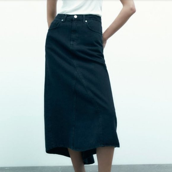 NEW ZARA High-Rise Five-Pocket Denim Midi Fishtail Skirt Dark Navy Small - Picture 4 of 9